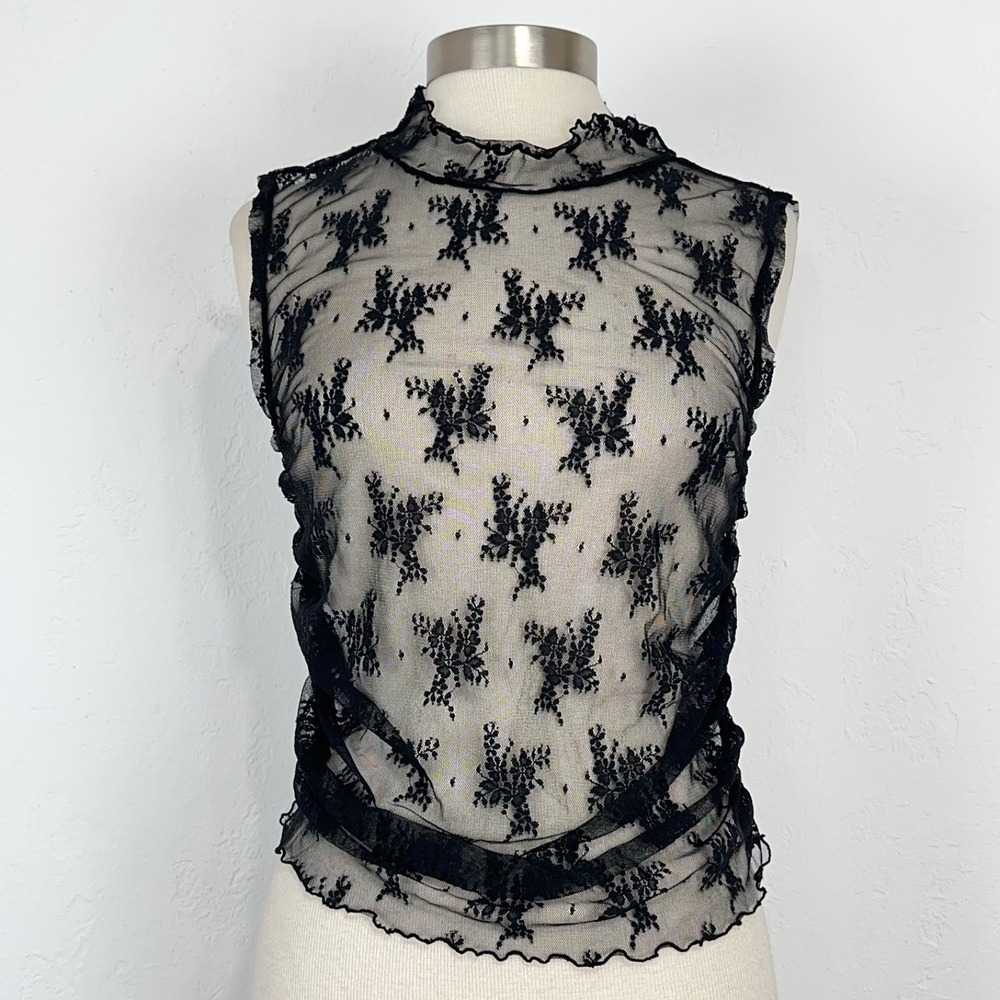 Free People Intimately Fairy Grunge Boho Top Size XL Black Floral Lace Mesh